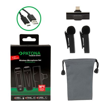 PATONA - SADA 2x Bezdrôtový mikrofón s klipom pre Smartphone USB-C 5V