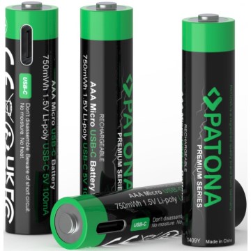 PATONA - SADA 4x Batéria AAA/LR03 Li-Pol 500mAh 1,5V s USB-C nabíjaním