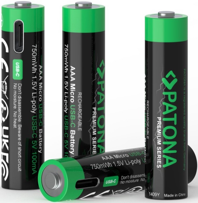 PATONA - SADA 4x Batéria AAA/LR03 Li-Pol 500mAh 1,5V s USB-C nabíjaním