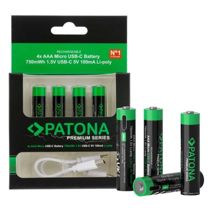 PATONA - SADA 4x Batéria AAA/LR03 Li-Pol 500mAh 1,5V s USB-C nabíjaním