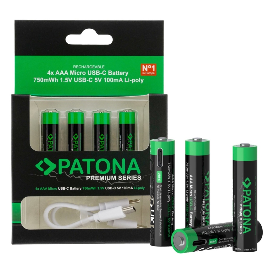 PATONA - SADA 4x Batéria AAA/LR03 Li-Pol 500mAh 1,5V s USB-C nabíjaním
