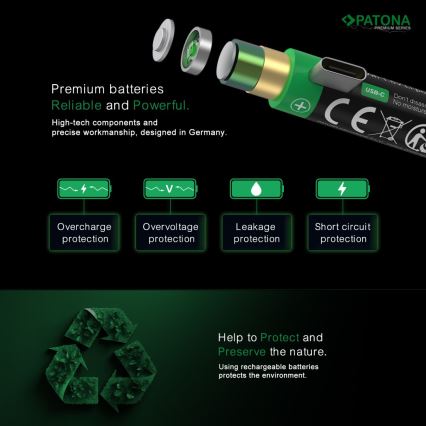 PATONA - SADA 4x Batéria AAA/LR03 Li-Pol 500mAh 1,5V s USB-C nabíjaním