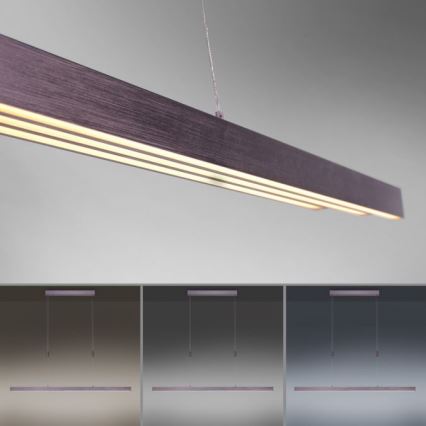 Dlhá obdĺžniková LED lampa visí zo stropu. Svieti dvoma svetlami. Na obrázku sú znázornené tri farebné varianty lampy.