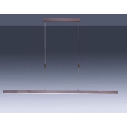 Dlhá, horizontálne orientovaná LED lampa visí zo stropu na dvoch kábloch. Lampa je pripevnená k dlhej, úzkej, hnedej stropnej konzole. Pozadie je jednotne sivé.