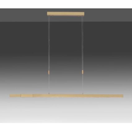 Dlhá, horizontálne orientovaná LED lampa visí zo stropu na dvoch kábloch. Svetlo je umiestnené v drevenej lište. Lampa je zavesená v tmavosivom prostredí.