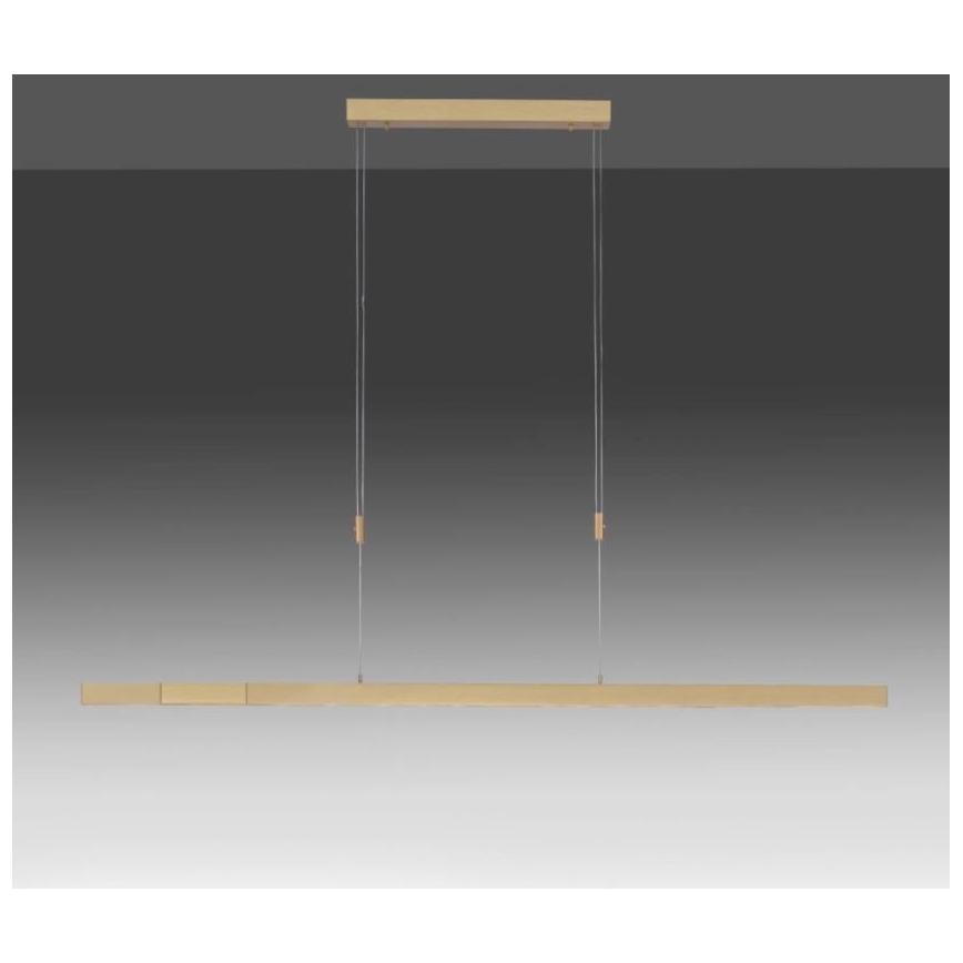 Dlhá, horizontálne orientovaná LED lampa visí zo stropu na dvoch kábloch. Svetlo je umiestnené v drevenej lište. Lampa je zavesená v tmavosivom prostredí.