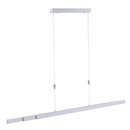 Dlhá, strieborno-šedá LED lampa visí zo stropu na dvoch kábloch. Lampa pozostáva z úzkej, obdĺžnikovej dosky s tromi menšími priľahlými časťami. Na strope je upevnená malou, obdĺžnikovou konštrukciou.