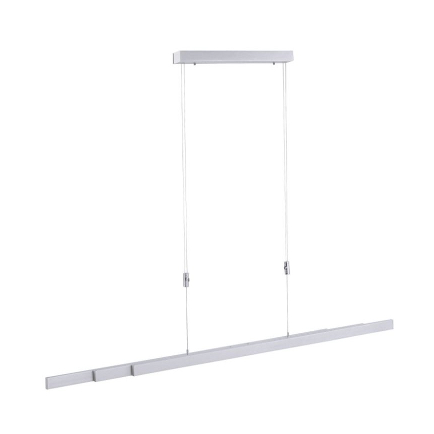 Dlhá, strieborno-šedá LED lampa visí zo stropu na dvoch kábloch. Lampa pozostáva z úzkej, obdĺžnikovej dosky s tromi menšími priľahlými časťami. Na strope je upevnená malou, obdĺžnikovou konštrukciou.