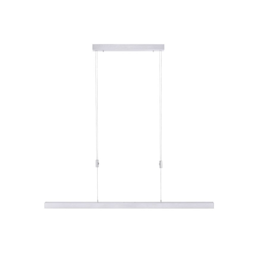 Dlhá, úzka LED lampa visí zo stropu na dvoch kábloch. Svetlo je pripevnené k obdĺžnikovým stropným držiakom. Biele svetlo s kovovými detailmi.