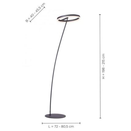 Stojacia lampa s kruhovým tienidlom osvetľuje priestor. Je umiestnená na plochom podstavci a jej výška je nastaviteľná od 198 do 215 cm, šírka od 40 do 45,5 cm a dĺžka podstavca od 72 do 80,5 cm.