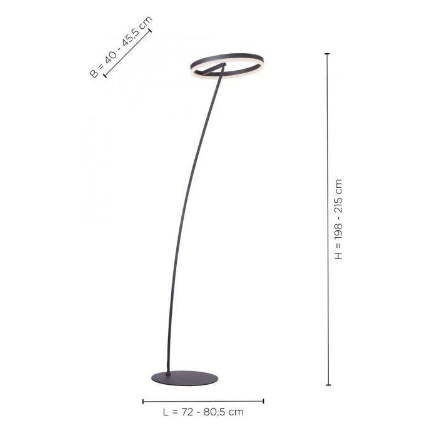 Stojacia lampa s kruhovým tienidlom osvetľuje priestor. Je umiestnená na plochom podstavci a jej výška je nastaviteľná od 198 do 215 cm, šírka od 40 do 45,5 cm a dĺžka podstavca od 72 do 80,5 cm.