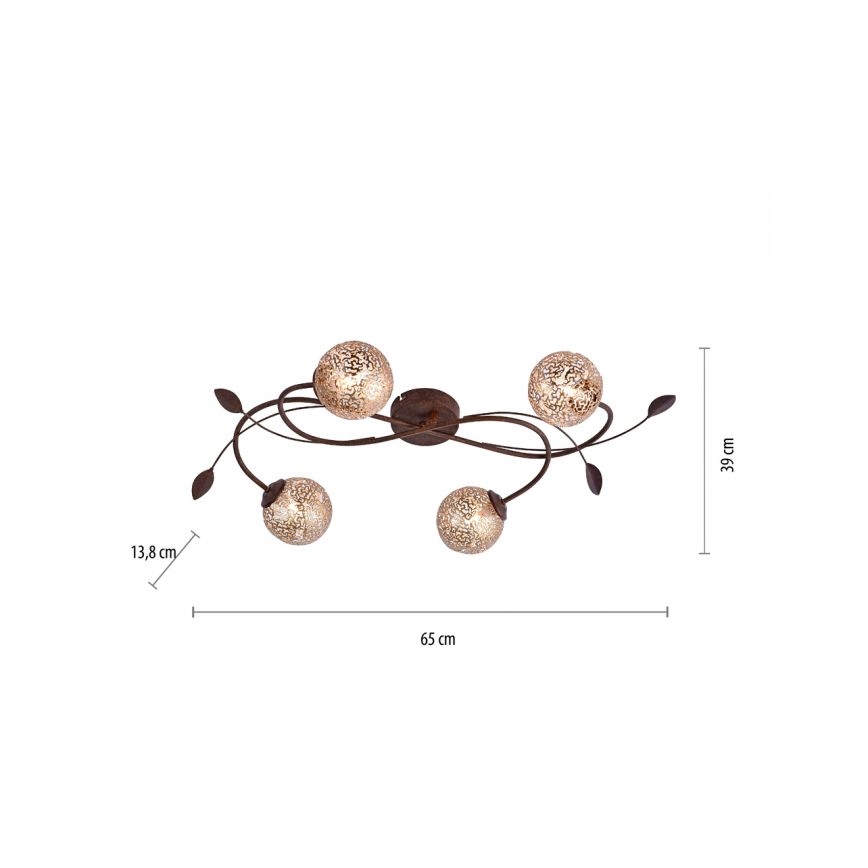 Stropné svietidlo s kovovou konštrukciou tvaru vetvičiek nesie štyri guľové tienidlá s perforáciou. Rozmery: 65 cm x 39 cm x 13,8 cm.