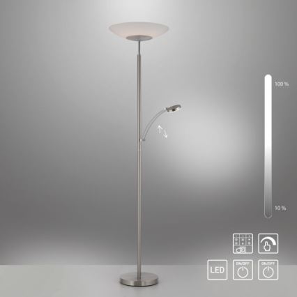 Stojacia lampa s dvoma LED zdrojmi svetla, pričom jeden je nastaviteľný. Lampa je kovová, striebornej farby. Na obrázku sú aj symboly znázorňujúce ovládanie, LED diódy a stupne jasu (10% - 100%).
