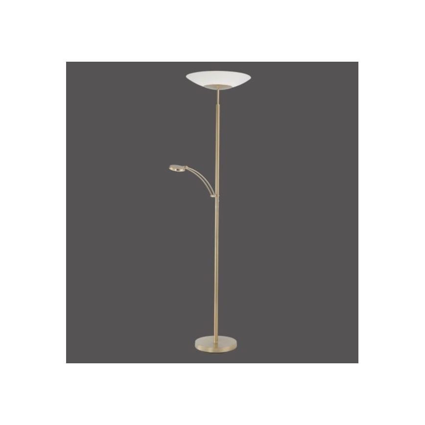 Stojacia lampa s dvoma zdrojmi svetla: hlavný zdroj s mliečnym tienidlom a bočný čítací zdroj s nastaviteľným ramenom. Lampa má zlatú farbu a stojí na kruhovom podstavci.