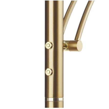 Stojanová lampa s dvoma tlačidlami na reguláciu osvetlenia, pripevnená na kovovej tyči, zlatohnedej farby. Ramená lampy sú nastaviteľné.