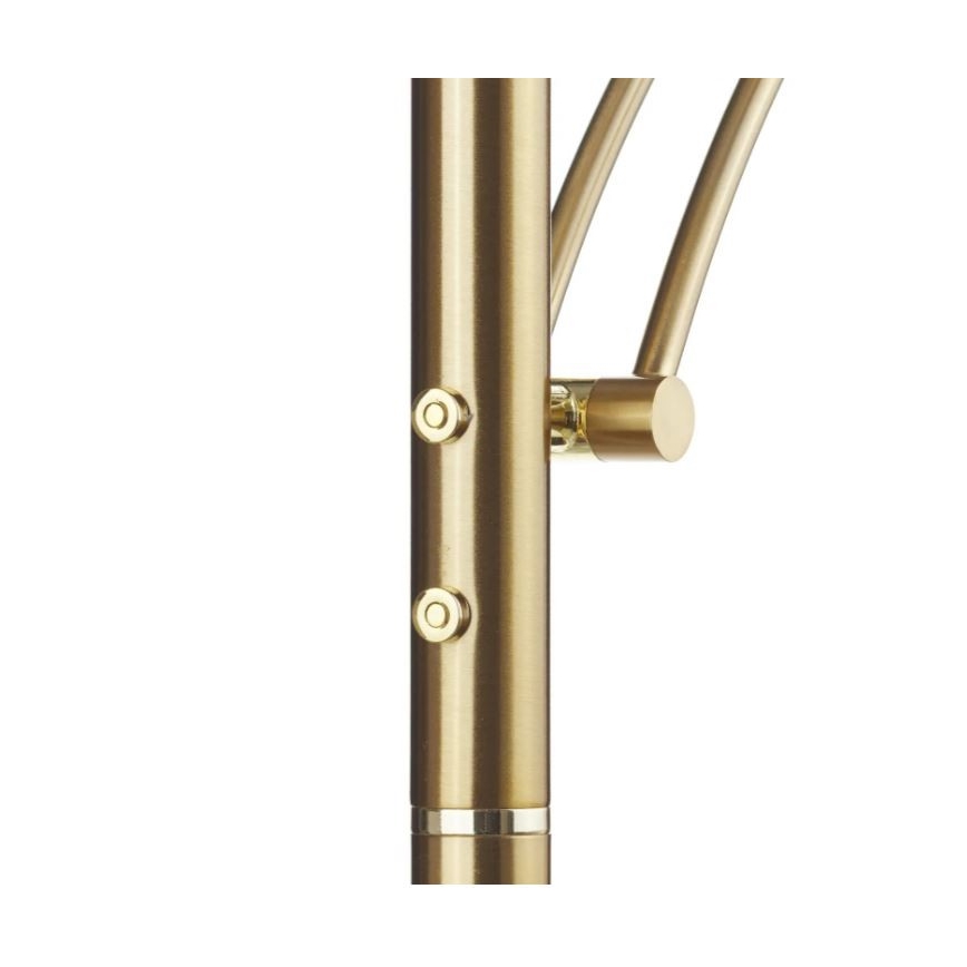 Stojanová lampa s dvoma tlačidlami na reguláciu osvetlenia, pripevnená na kovovej tyči, zlatohnedej farby. Ramená lampy sú nastaviteľné.