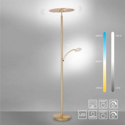 Zlatá stojacia lampa s dvoma LED svetlami; hlavný kruhový svetelný zdroj je na vrchu, menší bočný je otočný. Lampa má tri svetelné režimy (2700 K, 4000 K, 5000 K) a pamäť nastavenia.