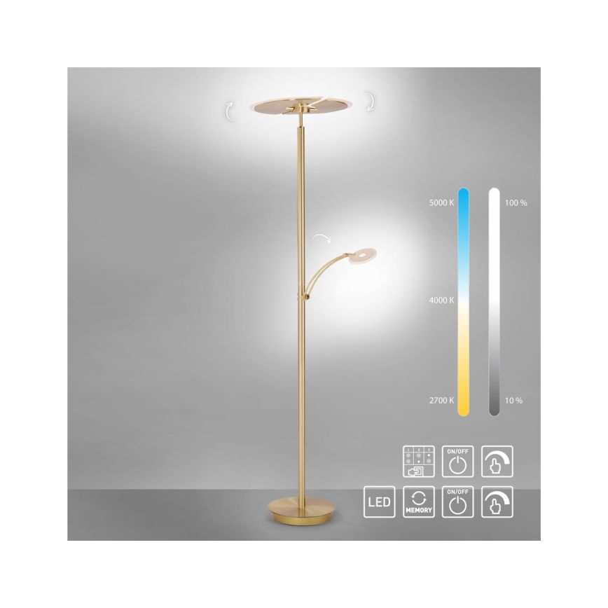 Zlatá stojacia lampa s dvoma LED svetlami; hlavný kruhový svetelný zdroj je na vrchu, menší bočný je otočný. Lampa má tri svetelné režimy (2700 K, 4000 K, 5000 K) a pamäť nastavenia.