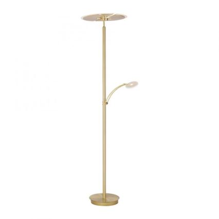 Stojacia lampa s dvoma LED svetlami; hlavná lampa má kruhový tienidlo, menšia je výklopná. Lampa je zlatá, na stabilnej kruhovej základni.