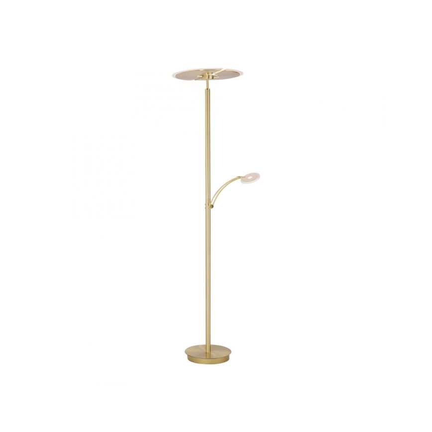Stojacia lampa s dvoma LED svetlami; hlavná lampa má kruhový tienidlo, menšia je výklopná. Lampa je zlatá, na stabilnej kruhovej základni.