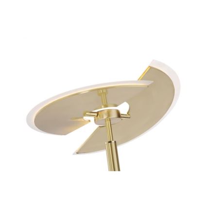 Stolová lampa s mosadznou základňou a tienidlom, ktoré je zložené z dvoch zlatých diskov s bielym LED osvetlením po obvode. Tienidlo je asymetrické, s otvormi. Lampa stojí na štíhlom zlatom stĺpiku.