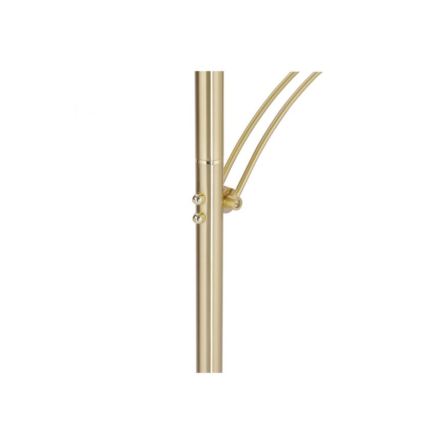 Stojaca lampa s dvoma prepínačmi na kovovej stonke sa skladá z ohybnej ramena. Lampa je zlatohnedej farby.