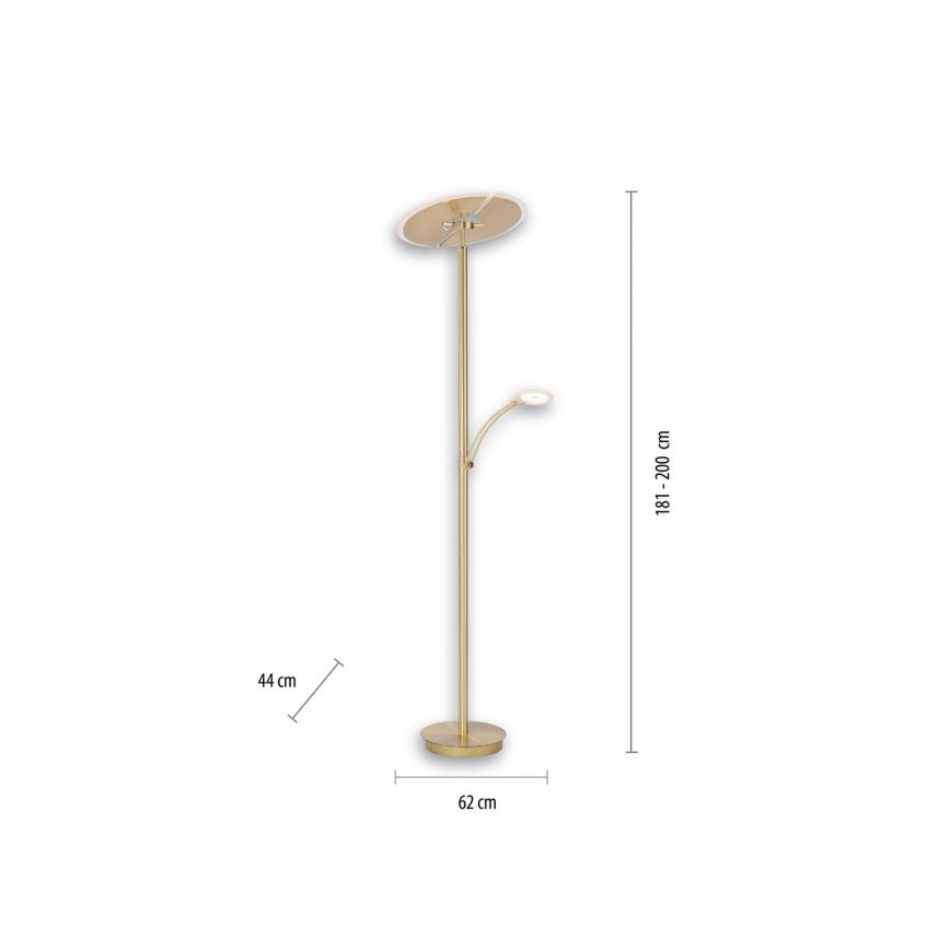 Stojacia lampa s dvoma LED svetlami; väčšie kruhové svetlo na vrchu, menšie bočné; výška 181-200 cm, priemer základne 62 cm, šírka tienidla 44 cm.