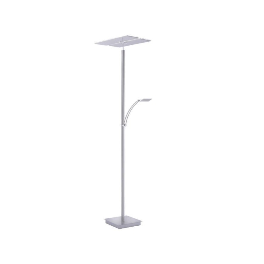 Stojacia lampa s dvoma svetlami – hlavné štvorcové a menšie bočné – stojí na štvorcovej základni. Lampa je striebornej farby.