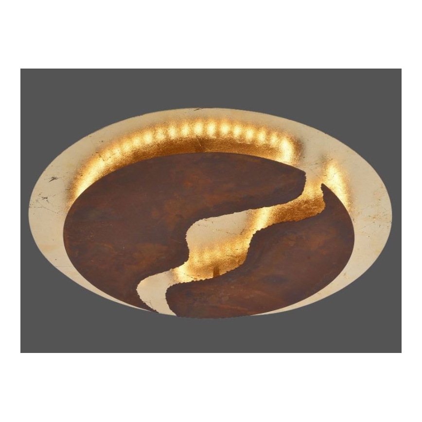 Okrúhle stropné svietidlo s hrdzavohnedým stredom a zlatým okrajom, svieti pomocou LED diód umiestnených po obvode. Svetlo presvitá cez otvory v hnedom stredovom dieli.