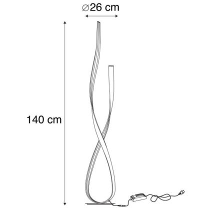 Stojacia lampa s tvarom dvoch prepletených pásov, vysoká 140 cm a široká 26 cm, stojí na podstavci a je pripojená k elektrickej sieti.