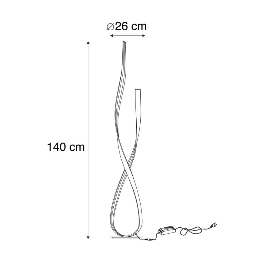 Stojacia lampa s tvarom dvoch prepletených pásov, vysoká 140 cm a široká 26 cm, stojí na podstavci a je pripojená k elektrickej sieti.