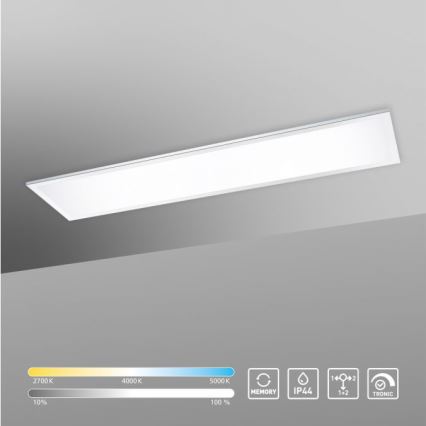 Dlhá obdĺžniková LED lampa je pripevnená k stropu. Svietidlo má nastaviteľnú teplotu farieb (2700K-5000K) a pamäť nastavenia. Je vodeodolná (IP44) a má označenie 1+2 a TRONIC.
