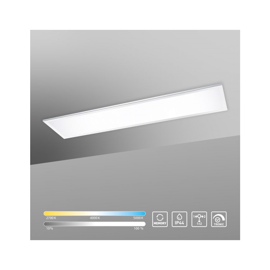 Dlhá obdĺžniková LED lampa je pripevnená k stropu. Svietidlo má nastaviteľnú teplotu farieb (2700K-5000K) a pamäť nastavenia. Je vodeodolná (IP44) a má označenie 1+2 a TRONIC.