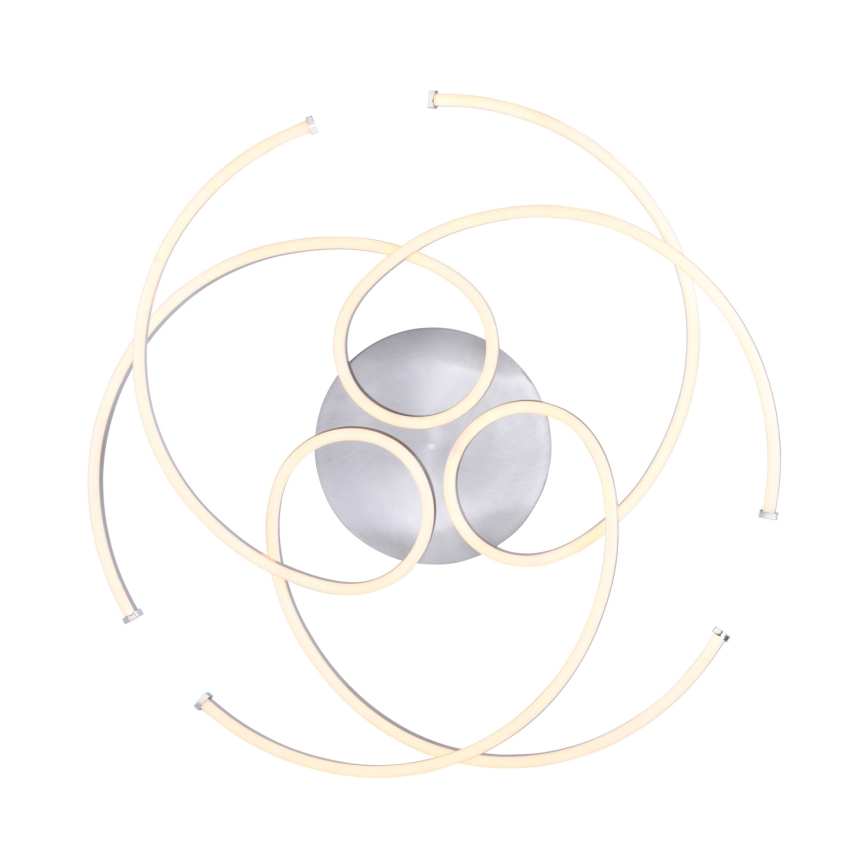 LED stropné svietidlo s viacerými zakrivenými svetelnými prvkami usporiadanými do kruhov, ktoré sú pripevnené k okrúhlemu kovovému základu. Svietidlo svieti. Umiestnenie na strope.