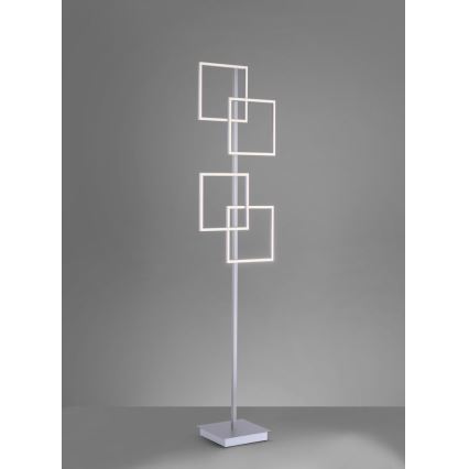 Stojacia lampa s vysokým stĺpikom a štvorcovými LED svetlami. Svetlá sú usporiadané v dvoch pároch, prekrývajúcich sa na stĺpiku. Lampa stojí na štvorcovej základni na jednotnej sivej ploche.