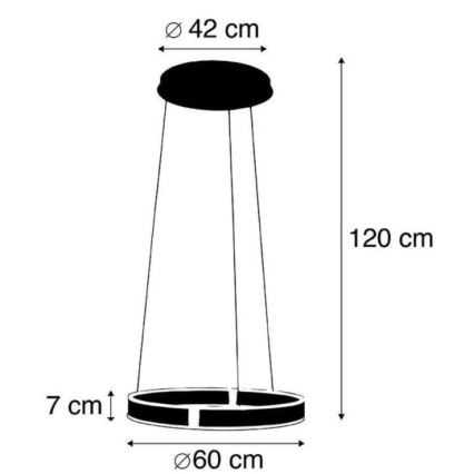 Závesné svietidlo visí zo stropu. Má kruhový tienidlo s priemerom 60 cm a výškou 7 cm, pripevnené na troch kábloch k stropnému prvku s priemerom 42 cm. Celková dĺžka je 120 cm.