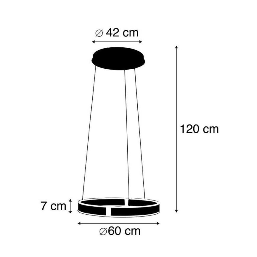 Závesné svietidlo visí zo stropu. Má kruhový tienidlo s priemerom 60 cm a výškou 7 cm, pripevnené na troch kábloch k stropnému prvku s priemerom 42 cm. Celková dĺžka je 120 cm.