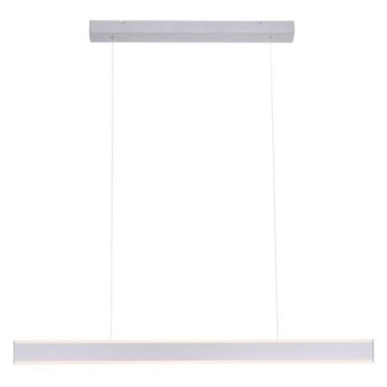 Dlhá LED lampa visí zo stropu na dvoch kábloch. Má strieborný horný kryt a dlhý, úzky, svetlý spodný panel. Je umiestnená pred bielym pozadím.