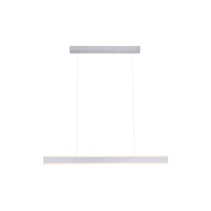 Dlhá LED lampa visí zo stropu na dvoch kábloch. Má strieborný horný kryt a dlhý, úzky, svetlý spodný panel. Je umiestnená pred bielym pozadím.