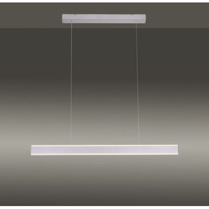 Dlhá LED lampa visí zo stropu na dvoch kábloch. Svetlo je obdĺžnikového tvaru a je umiestnené v jednoduchom, neutrálnom prostredí.