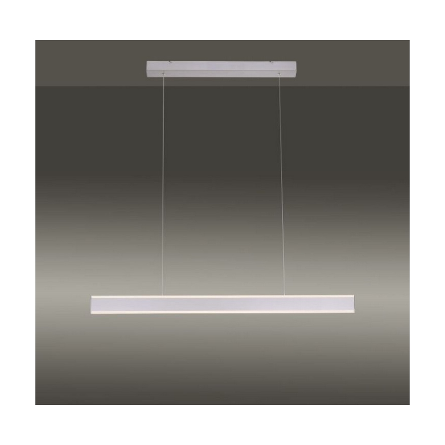 Dlhá LED lampa visí zo stropu na dvoch kábloch. Svetlo je obdĺžnikového tvaru a je umiestnené v jednoduchom, neutrálnom prostredí.