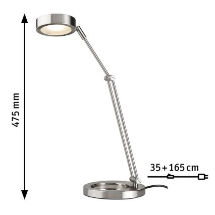 Stolná lampa s nastaviteľným ramenom a kruhovou hlavou svieti. Je striebornej farby. Rozmery: výška 475 mm, dĺžka kábla 35 + 165 cm.
