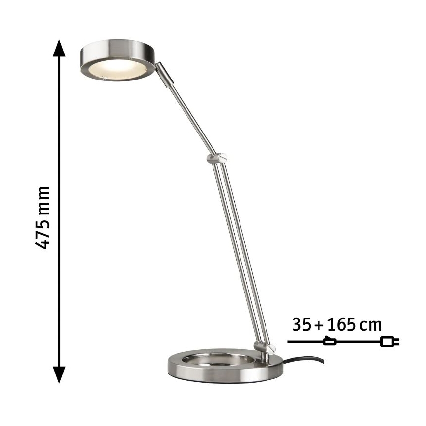 Stolná lampa s nastaviteľným ramenom a kruhovou hlavou svieti. Je striebornej farby. Rozmery: výška 475 mm, dĺžka kábla 35 + 165 cm.