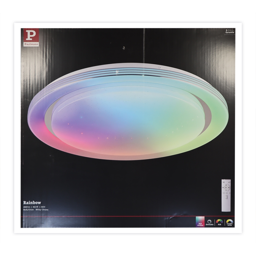 Dvojvrstvové kruhové LED svietidlo s farebnou RGB LED ilúmináciou je zobrazené na čiernom pozadí. Svietidlo je ovládané diaľkovým ovládačom. Názov produktu: Rainbow, 2800lm | 34.5W | 230V, Warm/Cool/White/Dynamic.