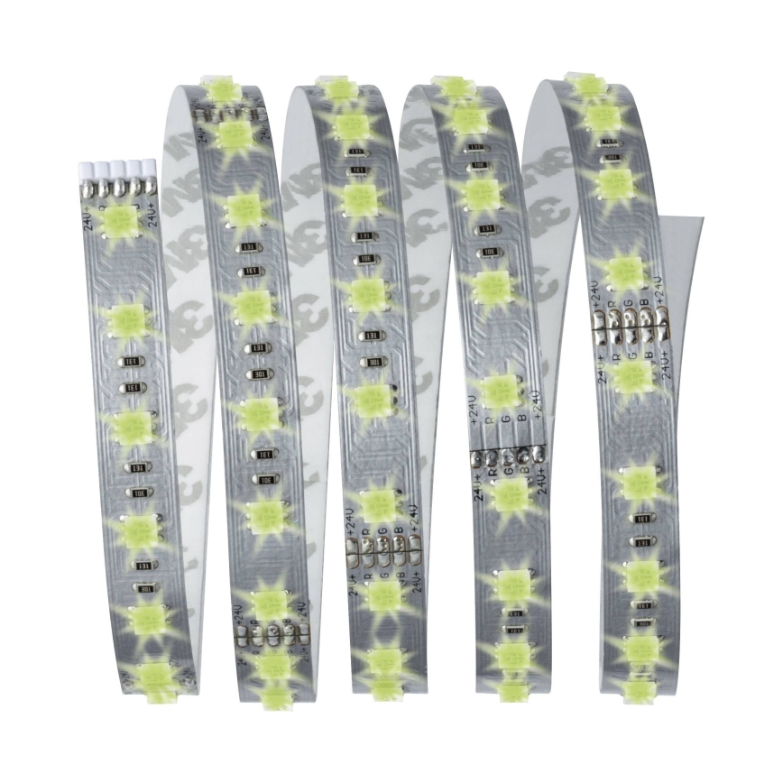 LED pásik je stočený. Svetlozelené LED diódy sú umiestnené na striebornej doske s plošnými spojmi. Na pásiku je vytlačené označenie 24V + a 24V -.