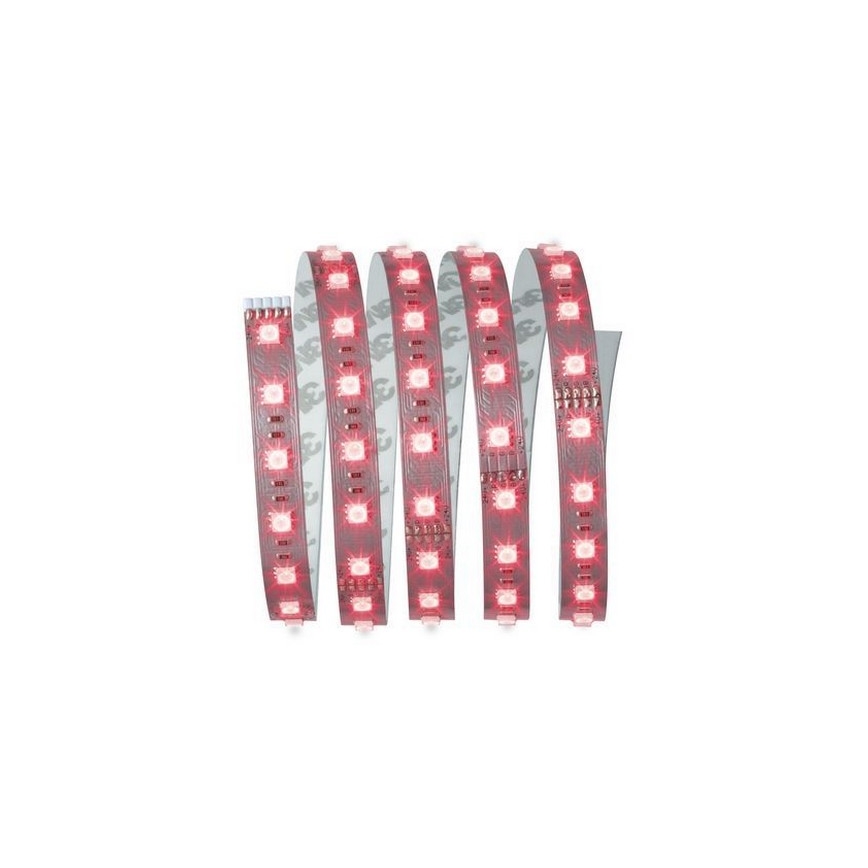 LED páska s červenými diódami je stočená. Páska je opatrená lepiacou vrstvou. Je umiestnená na bielom pozadí.