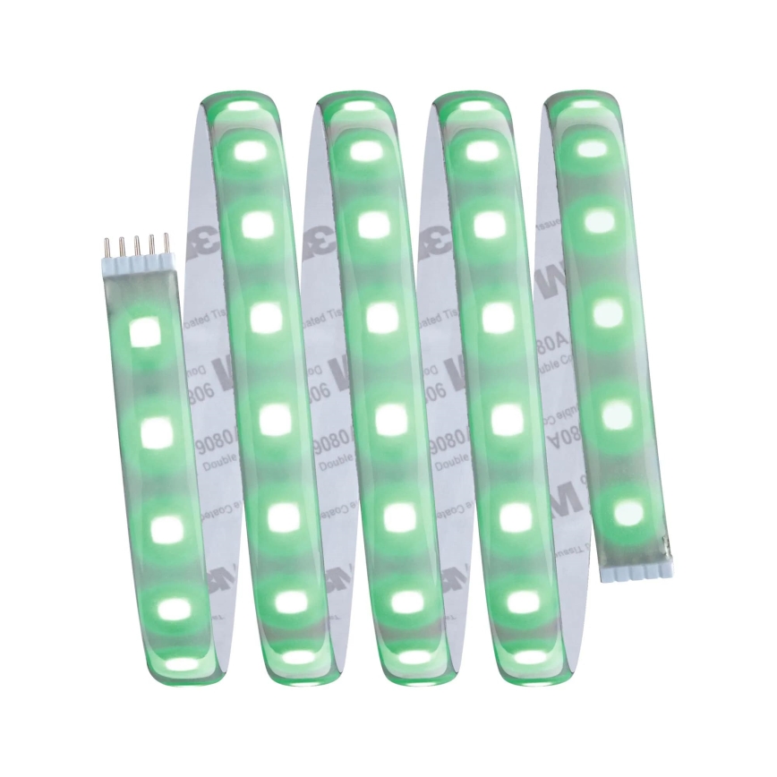 LED pásik svieti zelenou farbou, je stočený a má pripojený konektor. Pásik je vybavený lepiacou páskou. Na obale je čiastočne čitateľný text: „9080 Double Coated Tape“, „80A“ a „W“.