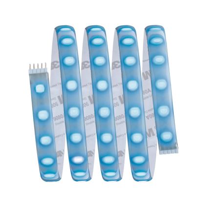 LED pásik s modrými diódami je stočený do špirály. Pásik má lepiacu vrstvu a je vybavený konektorom. Na zadnej strane pásika je viditeľné označenie „9080 Double Coated Tape“.