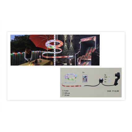 LED pásik s diaľkovým ovládaním osvetľuje záhradný nábytok a záhradný plot. Súčasťou je adaptér a spínač. Rozmery pásika: 5 mm výška, 305 cm dĺžka, 12 mm šírka. Balenie obsahuje 1x diaľkové ovládanie, 7x LED diódy, 14x konektory, 1x spínač, 1x adaptér, 24VA, 8,2W.