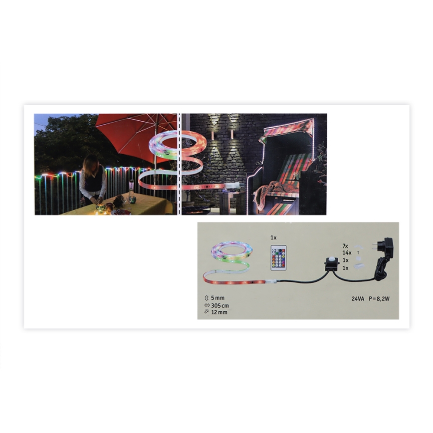 LED pásik s diaľkovým ovládaním osvetľuje záhradný nábytok a záhradný plot. Súčasťou je adaptér a spínač. Rozmery pásika: 5 mm výška, 305 cm dĺžka, 12 mm šírka. Balenie obsahuje 1x diaľkové ovládanie, 7x LED diódy, 14x konektory, 1x spínač, 1x adaptér, 24VA, 8,2W.